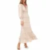 New 🛒 Chelsea & Violet Plisse Satin Ruffle Deep V-Neck Long Smocked Cuff Sleeve Tiered Maxi Dress Champagne Toast 😉