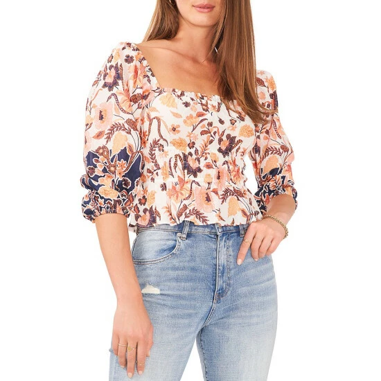 Budget ✔️ Chelsea & Violet Smocked Square Neck Batik Print 3/4 Puff Sleeve Ruffle Hem Top Border Batik 👏 3 Budget ✔️ Chelsea & Violet Smocked Square Neck Batik Print 3/4 Puff Sleeve Ruffle Hem Top Border Batik 👏