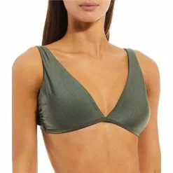 Promo ✨ Chelsea & Violet Solid Over-the-Shoulder Bralette Swim Top Thyme ⭐