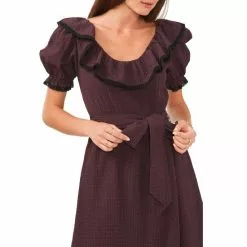 Outlet 🎁 Chelsea & Violet Ruffle Scoop Neck Short Puff Sleeve Check Print Midi Dress Merlot Multi 😉 -Chelsea Violet Sales unnamed file 1058