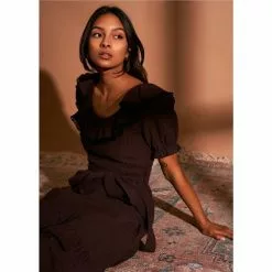 Outlet 🎁 Chelsea & Violet Ruffle Scoop Neck Short Puff Sleeve Check Print Midi Dress Merlot Multi 😉 -Chelsea Violet Sales unnamed file 1060