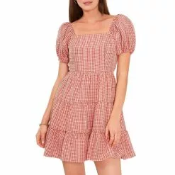 Promo 🎉 Chelsea & Violet Square Neck Short Puff Sleeve Gingham Tie Back Detail Ruffled Tiered Mini ⭐ Dress Deep Scarlet ⭐ -Chelsea Violet Sales unnamed file 1094