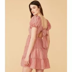 Promo 🎉 Chelsea & Violet Square Neck Short Puff Sleeve Gingham Tie Back Detail Ruffled Tiered Mini ⭐ Dress Deep Scarlet ⭐ -Chelsea Violet Sales unnamed file 1096