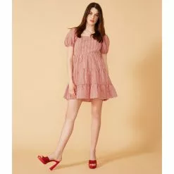 Promo 🎉 Chelsea & Violet Square Neck Short Puff Sleeve Gingham Tie Back Detail Ruffled Tiered Mini ⭐ Dress Deep Scarlet ⭐ -Chelsea Violet Sales unnamed file 1097
