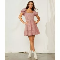 Promo 🎉 Chelsea & Violet Square Neck Short Puff Sleeve Gingham Tie Back Detail Ruffled Tiered Mini ⭐ Dress Deep Scarlet ⭐ -Chelsea Violet Sales unnamed file 1098