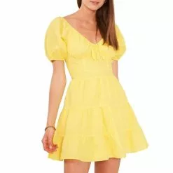 Best deal 🧨 Chelsea & Violet Tiered Short Puff Sleeve Tie V-Neck A-Line Mini Dress Buttercup ⭐