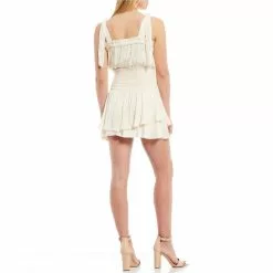 Wholesale 🤩 Chelsea & Violet Square Neck Sleeveless Tie Shoulder Smocked Mini Ruffle Satin Romper Toasted Ivory 🔔 -Chelsea Violet Sales unnamed file 1154