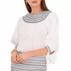 Best Pirce ❤️ Chelsea & Violet Embroidered Crew Neck Tassel Tie 3/4 Puff Sleeve Coordinating Smocked Top Ultra White 👍 -Chelsea Violet Sales unnamed file 1168