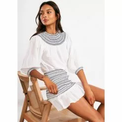 Best Pirce ❤️ Chelsea & Violet Embroidered Crew Neck Tassel Tie 3/4 Puff Sleeve Coordinating Smocked Top Ultra White 👍 -Chelsea Violet Sales unnamed file 1169