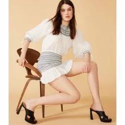 Best Pirce ❤️ Chelsea & Violet Embroidered Crew Neck Tassel Tie 3/4 Puff Sleeve Coordinating Smocked Top Ultra White 👍 -Chelsea Violet Sales unnamed file 1170