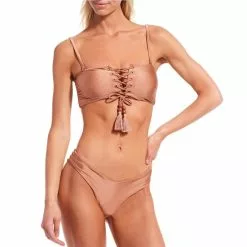Cheapest ⭐ Chelsea & Violet Shiny Jersey Knit Lace Up Beaded Tassel Bandeau Swim Top Taupe 🔔 -Chelsea Violet Sales unnamed file 1209