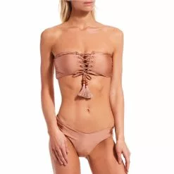 Cheapest ⭐ Chelsea & Violet Shiny Jersey Knit Lace Up Beaded Tassel Bandeau Swim Top Taupe 🔔 -Chelsea Violet Sales unnamed file 1210