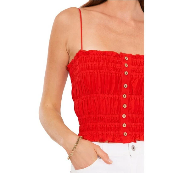 Coupon 🎁 Chelsea & Violet Sleeveless Square Neck Elastic Smocked Ruffle Hem Button Front Crop Top Flame Scarlet ⭐ 5 Coupon 🎁 Chelsea & Violet Sleeveless Square Neck Elastic Smocked Ruffle Hem Button Front Crop Top Flame Scarlet ⭐ - Image 3