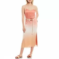 Top 10 โค๏ธ Chelsea & Violet Belted Dip Dye Sweetheart Neck Sleeveless Satin Thigh High Side Slit Cami Midi โญ Dress Goji Red ๐ฅฐ