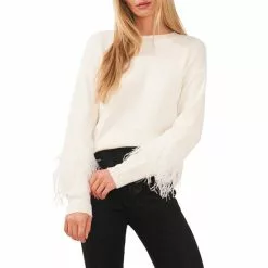 Best Pirce 🤩 Chelsea & Violet Long Sleeve Crew Neck Ostrich Feather Sweater Antique White ⌛ -Chelsea Violet Sales unnamed file 13