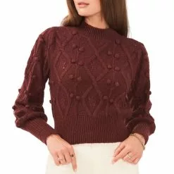 Cheap ⭐ Chelsea & Violet Mock Neck Long Balloon Sleeve Pom Pom Cable Knit Sweater Bitter Chocolate ❤️