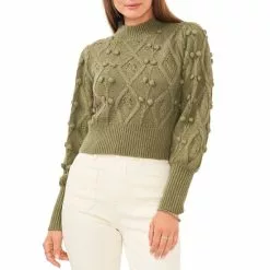 Cheap ⭐ Chelsea & Violet Mock Neck Long Balloon Sleeve Pom Pom Cable Knit Sweater Bitter Chocolate ❤️ -Chelsea Violet Sales unnamed file 190