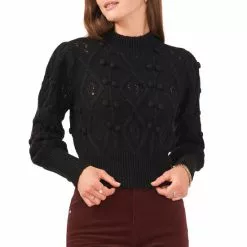 Cheap ⭐ Chelsea & Violet Mock Neck Long Balloon Sleeve Pom Pom Cable Knit Sweater Bitter Chocolate ❤️ -Chelsea Violet Sales unnamed file 191