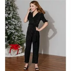Outlet ✔️ Chelsea & Violet 🛒 Girls Big Girls 7-16 Short Puff Sleeve Sequin Embellished Jumpsuit Black 😀 -Chelsea Violet Sales unnamed file 197