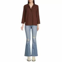 Coupon 🧨 Chelsea & Violet Tencel Point Collar 3/4 Sleeve Shirttail Hem Button Front Patch Pocket Shirt Olivine 🌟 -Chelsea Violet Sales unnamed file 282