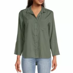 Coupon 🧨 Chelsea & Violet Tencel Point Collar 3/4 Sleeve Shirttail Hem Button Front Patch Pocket Shirt Olivine 🌟 -Chelsea Violet Sales unnamed file 283