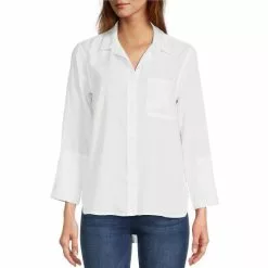 Coupon 🧨 Chelsea & Violet Tencel Point Collar 3/4 Sleeve Shirttail Hem Button Front Patch Pocket Shirt Olivine 🌟 -Chelsea Violet Sales unnamed file 285