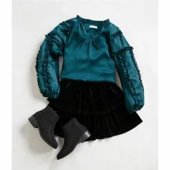 Best Pirce 🎉 Chelsea & Violet Girls Big Girls 7-16 Plisse Ruffle Split V-Neck Long Balloon Sleeve Blouse Pine ❤️ -Chelsea Violet Sales unnamed file 292