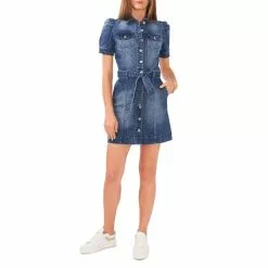 Chelsea Violet Sales 29 Best deal ๐ Chelsea & Violet Short Puff Sleeve Button Front Stretch Denim Belted Mini Dress Mid Rinse ๐