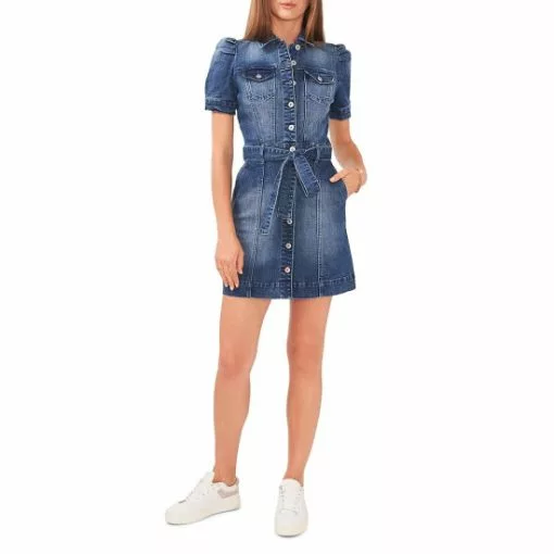 Best deal 🎁 Chelsea & Violet Short Puff Sleeve Button Front Stretch Denim Belted Mini Dress Mid Rinse 😀 -Chelsea Violet Sales unnamed file 321