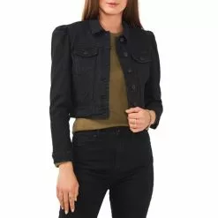Deals 😀 Chelsea & Violet Point Collar Long Puff Shoulder Sleeve Denim Short Statement Jacket Rich Black ✔️