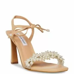 Best Sale 😉 Chelsea & Violet Tristy Pearl Embellished Square Toe 👍 Sandals Beige ✨