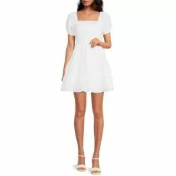 Chelsea Violet Sales 19 Best deal โจ Chelsea & Violet Square Neck Short Puff Sleeve Linen Tie Back Detail Ruffle Tiered Mini ๐ Dress Ultra White ๐