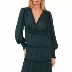 New 🛒 Chelsea & Violet Plisse Satin Ruffle Deep V-Neck Long Smocked Cuff Sleeve Tiered Maxi Dress Champagne Toast 😉 -Chelsea Violet Sales unnamed file 5