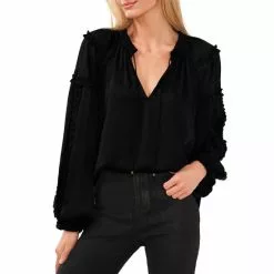 Top 10 ⭐ Chelsea & Violet Plisse Ruffle Split V-Neck Long Balloon Sleeve Blouse Antique White ⌛