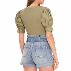 Hot Sale ⭐ Chelsea & Violet V-Neck Mixed Media Short Elbow Puff Sleeve Ribbed Knit Top Flame Scarlet ✔️ -Chelsea Violet Sales unnamed file 685