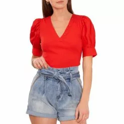 Hot Sale ⭐ Chelsea & Violet V-Neck Mixed Media Short Elbow Puff Sleeve Ribbed Knit Top Flame Scarlet ✔️ -Chelsea Violet Sales unnamed file 686