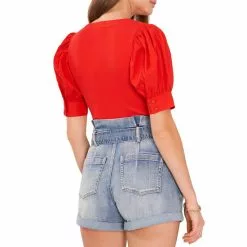 Hot Sale ⭐ Chelsea & Violet V-Neck Mixed Media Short Elbow Puff Sleeve Ribbed Knit Top Flame Scarlet ✔️ -Chelsea Violet Sales unnamed file 687