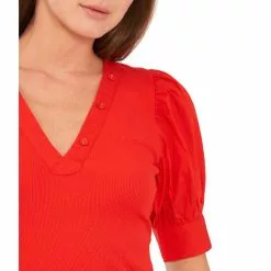 Hot Sale ⭐ Chelsea & Violet V-Neck Mixed Media Short Elbow Puff Sleeve Ribbed Knit Top Flame Scarlet ✔️ -Chelsea Violet Sales unnamed file 688