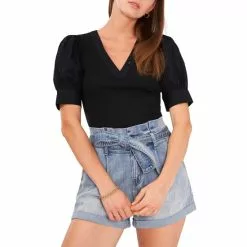 Hot Sale ⭐ Chelsea & Violet V-Neck Mixed Media Short Elbow Puff Sleeve Ribbed Knit Top Flame Scarlet ✔️ -Chelsea Violet Sales unnamed file 689