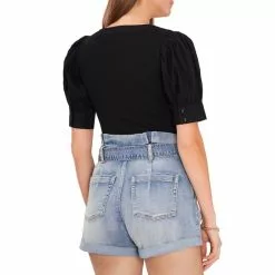 Hot Sale ⭐ Chelsea & Violet V-Neck Mixed Media Short Elbow Puff Sleeve Ribbed Knit Top Flame Scarlet ✔️ -Chelsea Violet Sales unnamed file 690