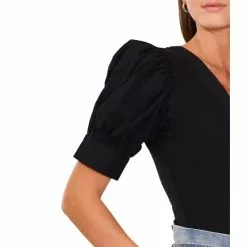 Hot Sale ⭐ Chelsea & Violet V-Neck Mixed Media Short Elbow Puff Sleeve Ribbed Knit Top Flame Scarlet ✔️ -Chelsea Violet Sales unnamed file 691