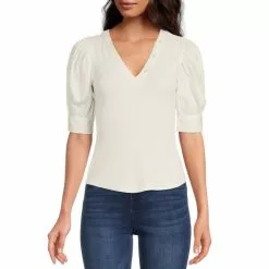 Hot Sale ⭐ Chelsea & Violet V-Neck Mixed Media Short Elbow Puff Sleeve Ribbed Knit Top Flame Scarlet ✔️ -Chelsea Violet Sales unnamed file 692