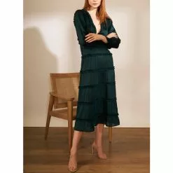 New 🛒 Chelsea & Violet Plisse Satin Ruffle Deep V-Neck Long Smocked Cuff Sleeve Tiered Maxi Dress Champagne Toast 😉 -Chelsea Violet Sales unnamed file 7