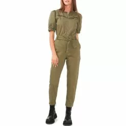 New ⭐ Chelsea & Violet Quilted Yoke Short Puff Sleeve Zip Front Stretch Denim Jumpsuit Olivine 💯