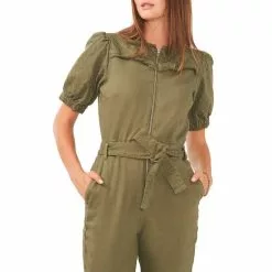 New ⭐ Chelsea & Violet Quilted Yoke Short Puff Sleeve Zip Front Stretch Denim Jumpsuit Olivine 💯 -Chelsea Violet Sales unnamed file 829
