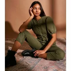 New ⭐ Chelsea & Violet Quilted Yoke Short Puff Sleeve Zip Front Stretch Denim Jumpsuit Olivine 💯 -Chelsea Violet Sales unnamed file 830