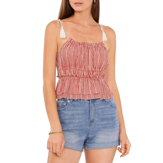 Deals ⭐ Chelsea & Violet Scoop Neck Tie Shoulder Ruffe Tiered Hem Sleeveless Gingham Print Top Deep Scarlet 🔔 3 Deals ⭐ Chelsea & Violet Scoop Neck Tie Shoulder Ruffe Tiered Hem Sleeveless Gingham Print Top Deep Scarlet 🔔