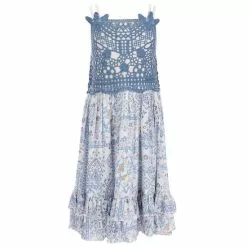 Promo โจ Chelsea & Violet Big ๐ Girls 7-16 Sleeveless Square Neck Smocked Back Lace Trim Ruffle Hem Printed ๐ Dress Blue โ