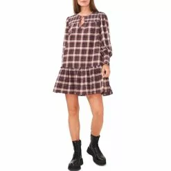 Best Pirce ๐ Chelsea & Violet Plaid Print Smocked Yoke Long Sleeve Tiered Ruffle Hem Mini Shift ๐ Dress Ivory Multi โค๏ธ