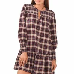 Best Pirce 🌟 Chelsea & Violet Plaid Print Smocked Yoke Long Sleeve Tiered Ruffle Hem Mini Shift 👍 Dress Ivory Multi ❤️ -Chelsea Violet Sales unnamed file 984